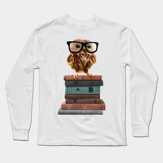 Adorable Nerdy Owl with Glasses on Books Long Sleeve T-Shirt by SirLeeTees